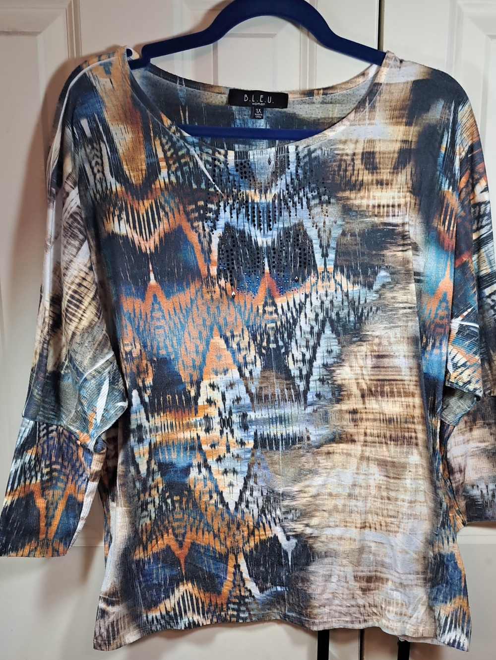 B.L.E.U. Women's Abstract Print Long Sleeve Top in Blue, Tan & Orange